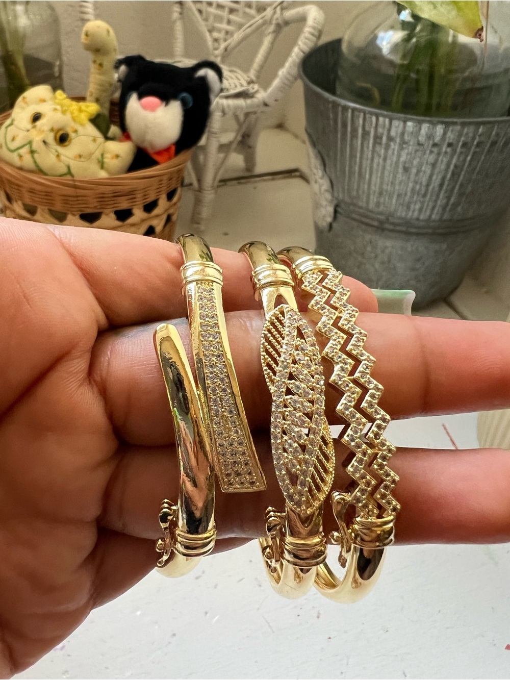 Gold Tone Crystal Accent Bangle Bracelet  - Women's Jewelry
